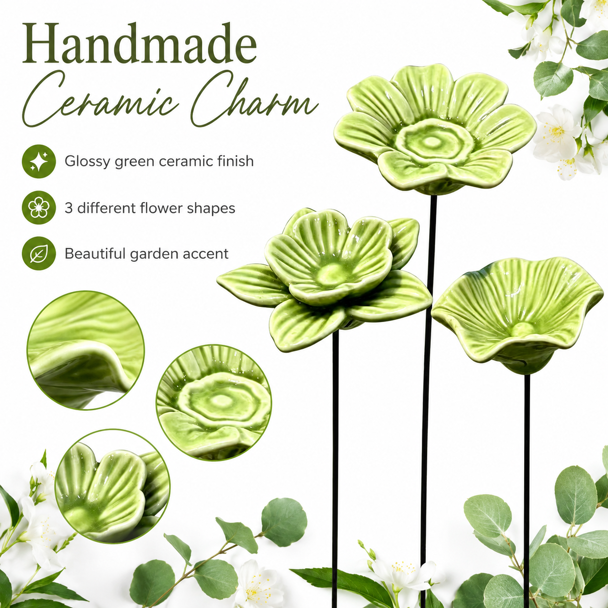 3-Piece Handmade Ceramic Flower Bee Waterer