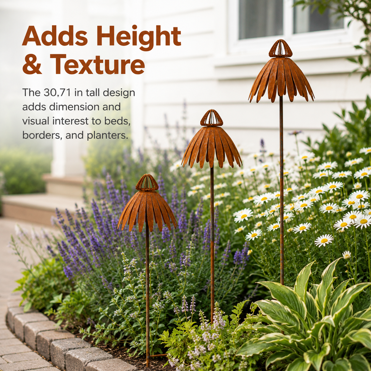 Rustic Metal Coneflower Garden Stakes, Weathered Metal Flower Yard Decor