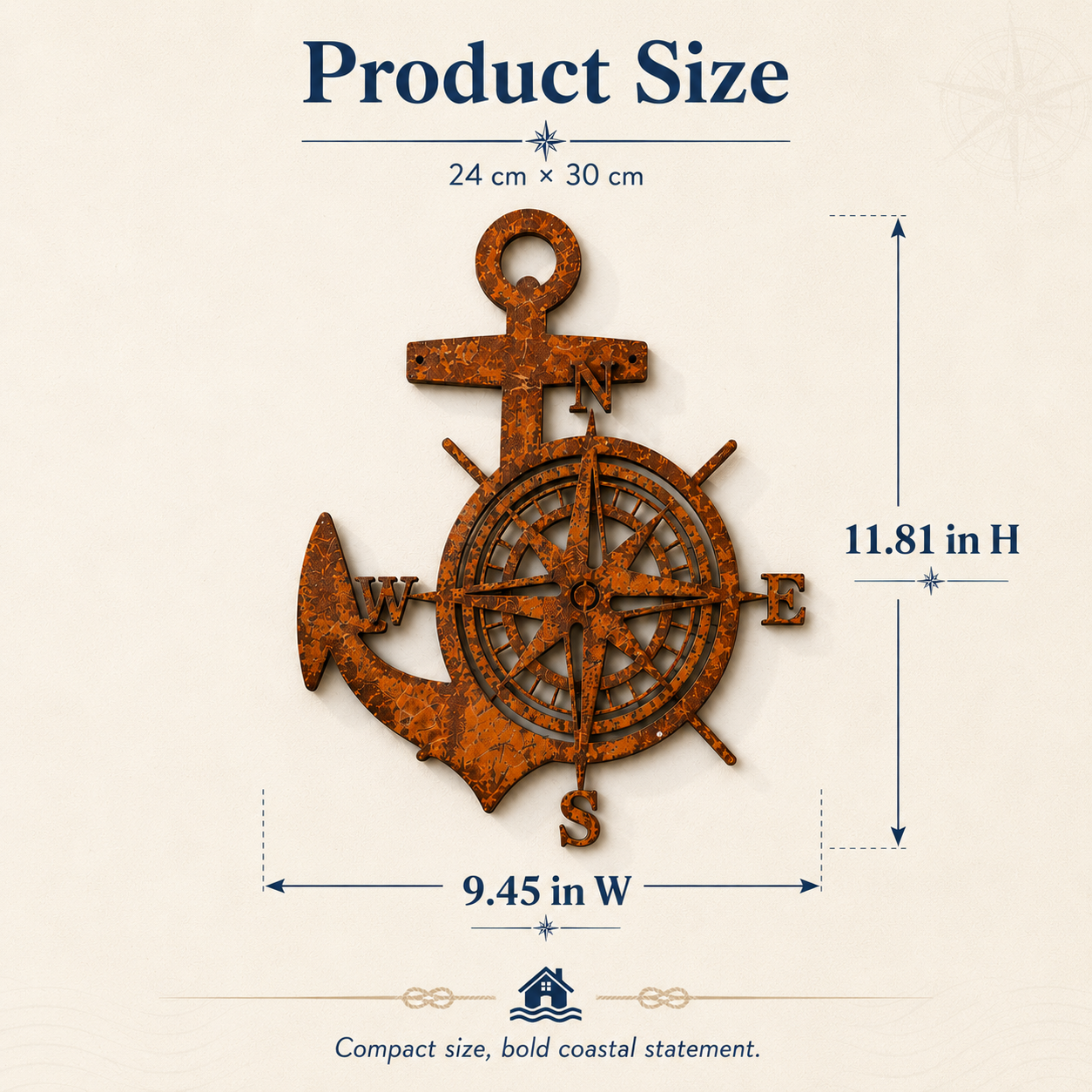 Anchor Compass Metal Wall Decor, Rustic Nautical Wall Art, Coastal Farmhouse Anchor Compass Sign for Porch