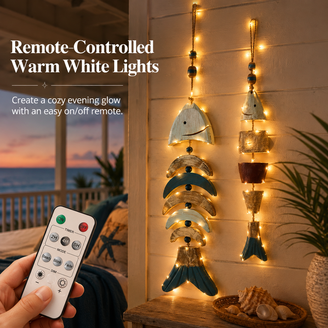 Coastal Fish Wooden Hanging Decor with Remote-Controlled Warm White String Lights