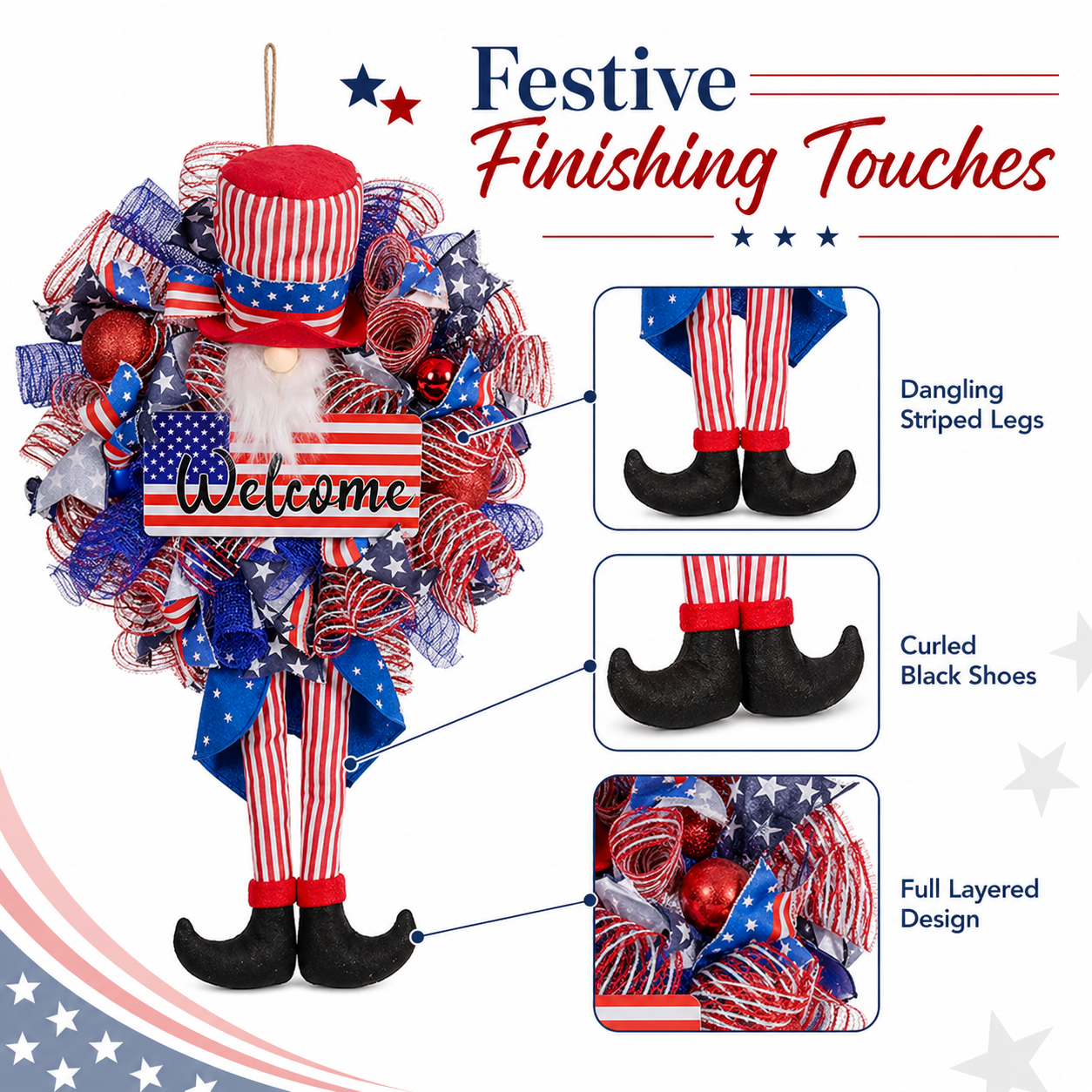 1-Piece 3D Patriotic Gnome Wreath Decor