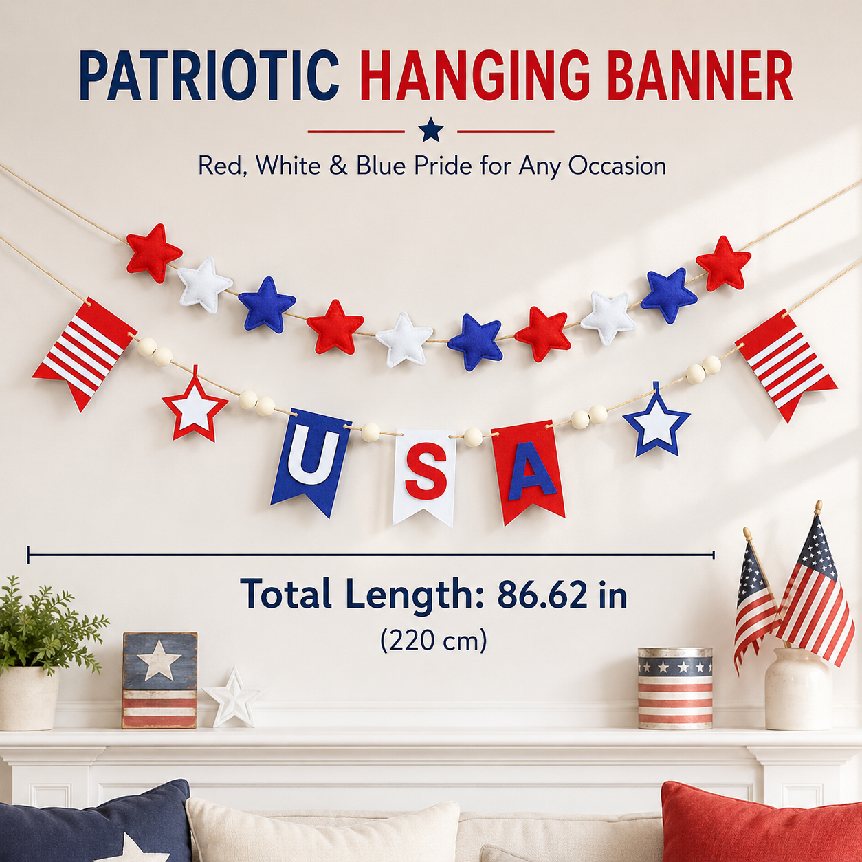 250 Patriotic USA Star & Wood Bead Hanging Banner