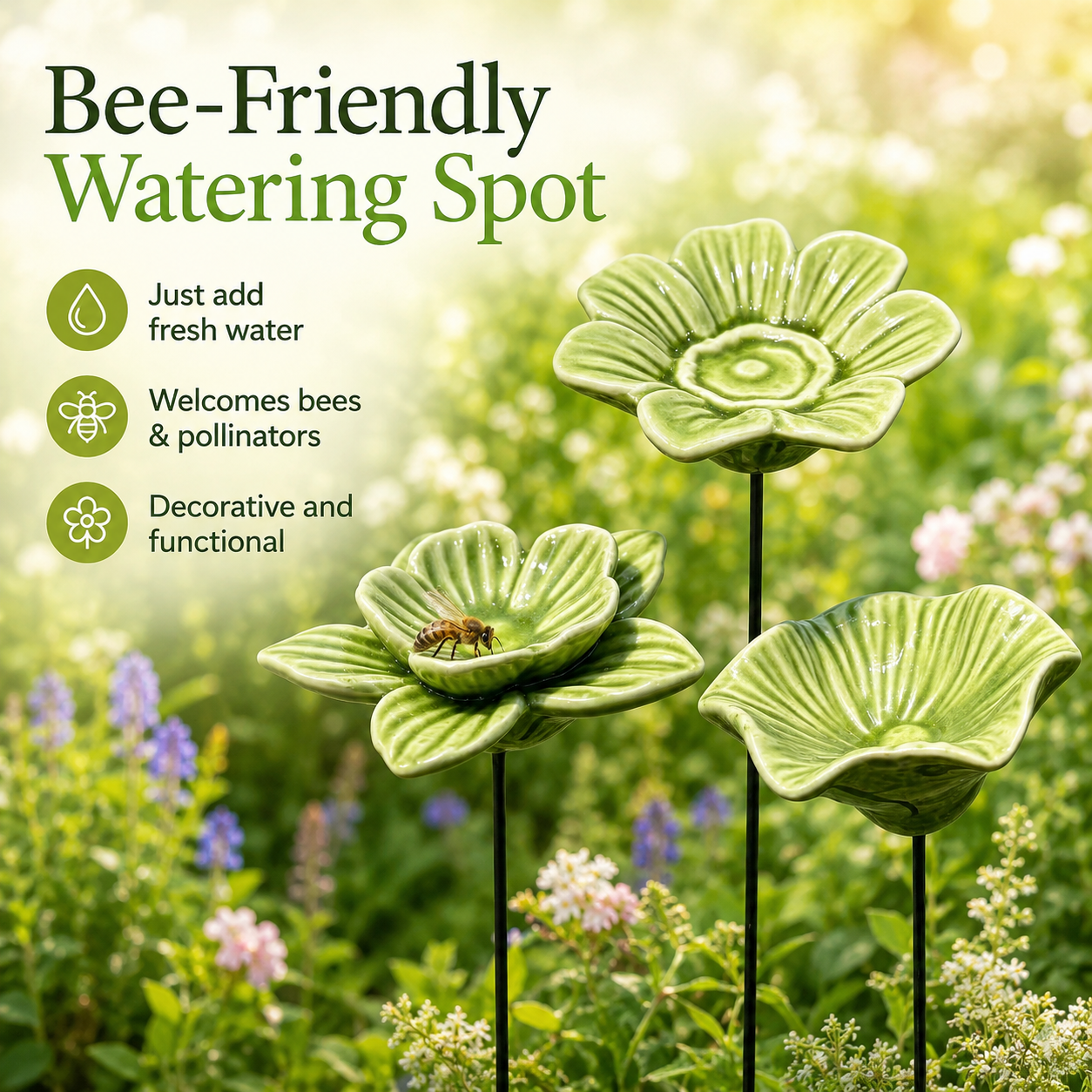 3-Piece Handmade Ceramic Flower Bee Waterer