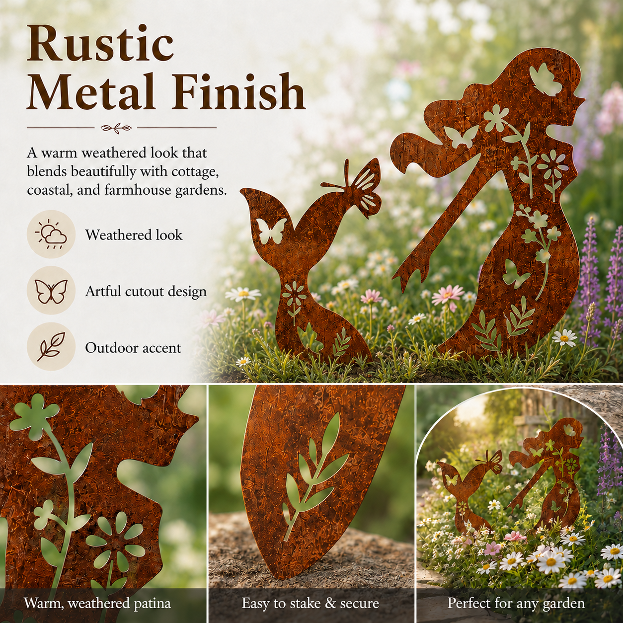 Rustic Mermaid Metal Garden Stake Set