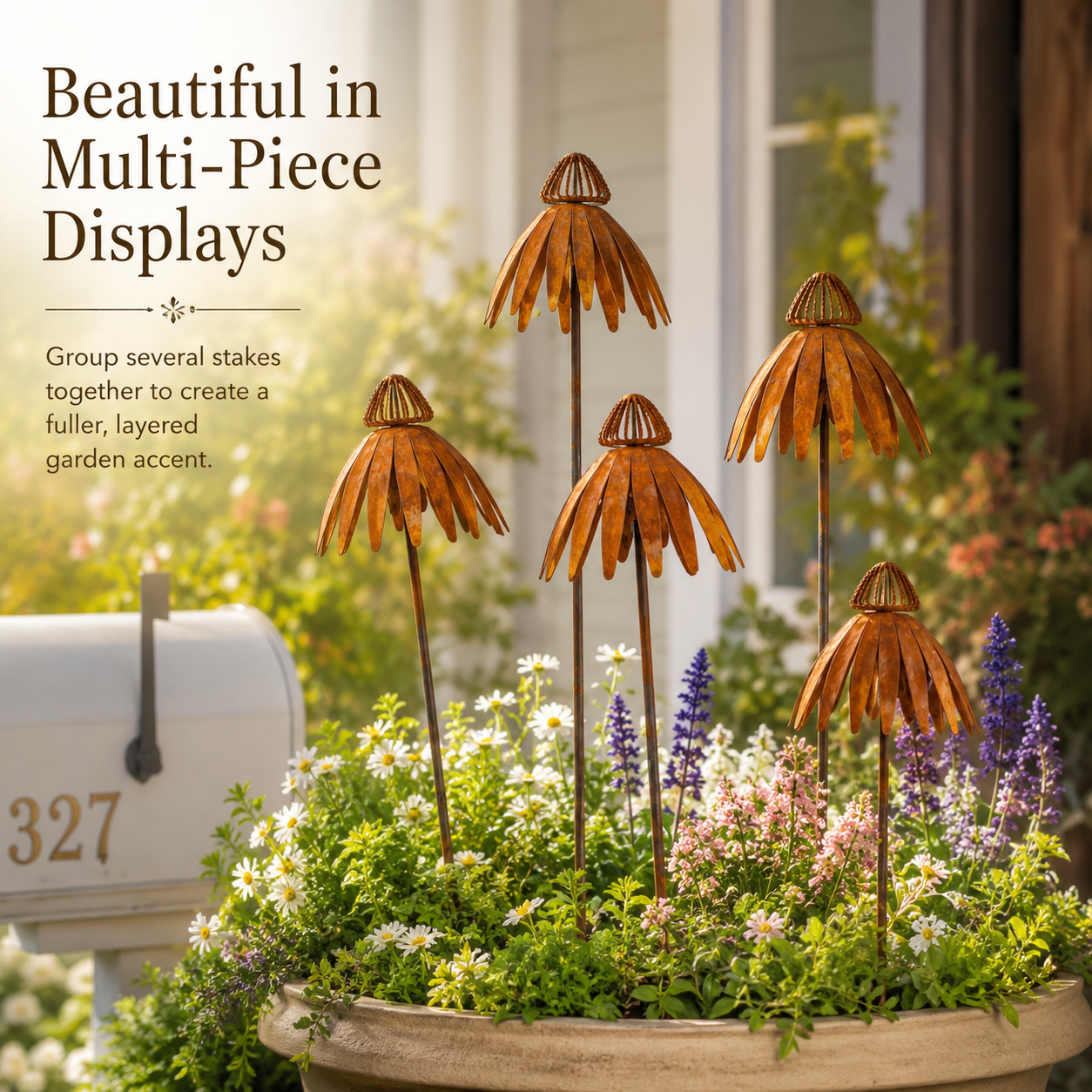 Rustic Metal Coneflower Garden Stakes, Weathered Metal Flower Yard Decor