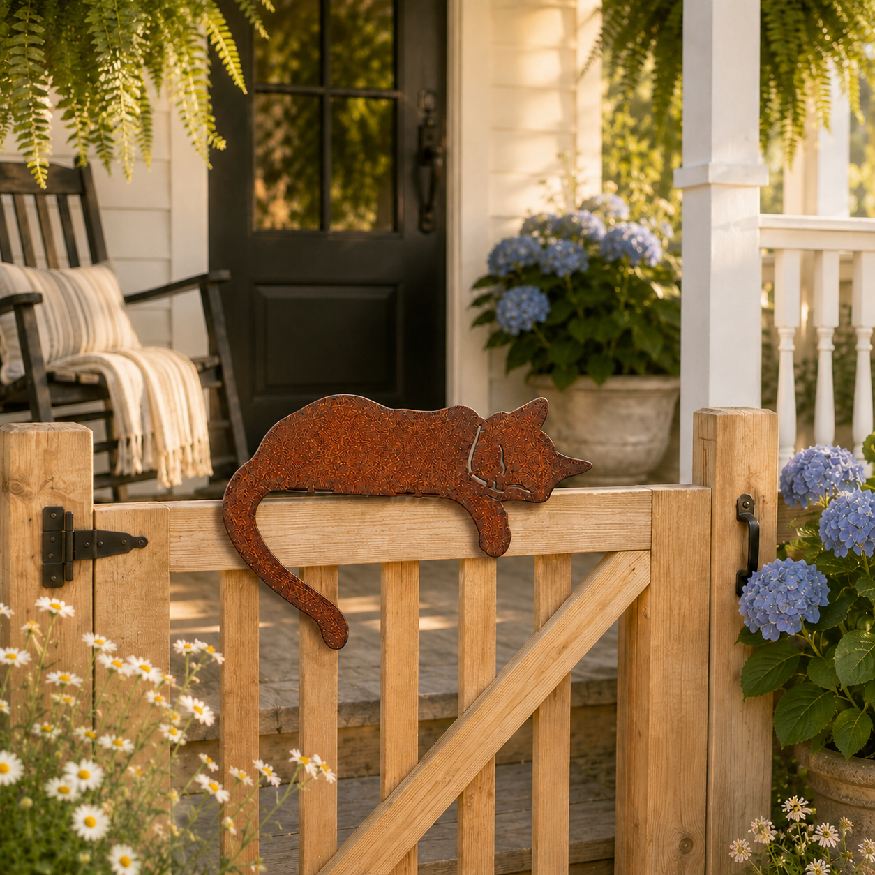 Rusty Sleeping Cat Metal Decor for Fence, Garden, Porch & Yard