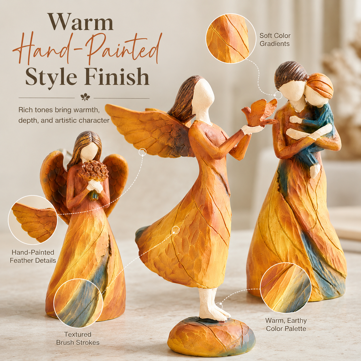 Faceless Resin Tabletop Figurine, Hand-Painted Style Angel or Family Statue