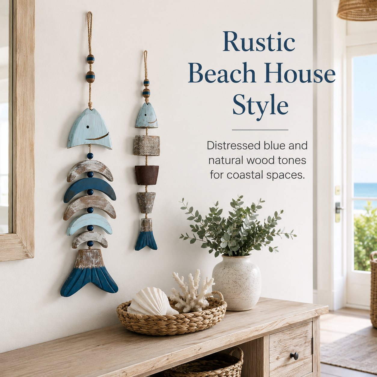 Coastal Fish Wooden Hanging Decor with Remote-Controlled Warm White String Lights