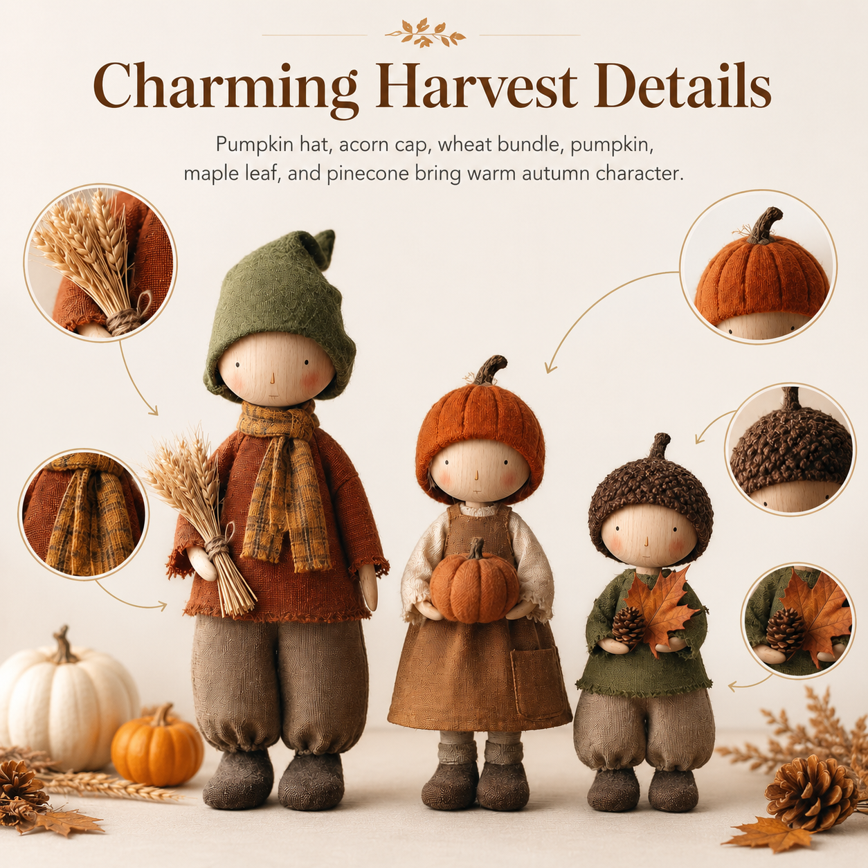 Set of 3 Rustic Fall Harvest Doll Figurines
