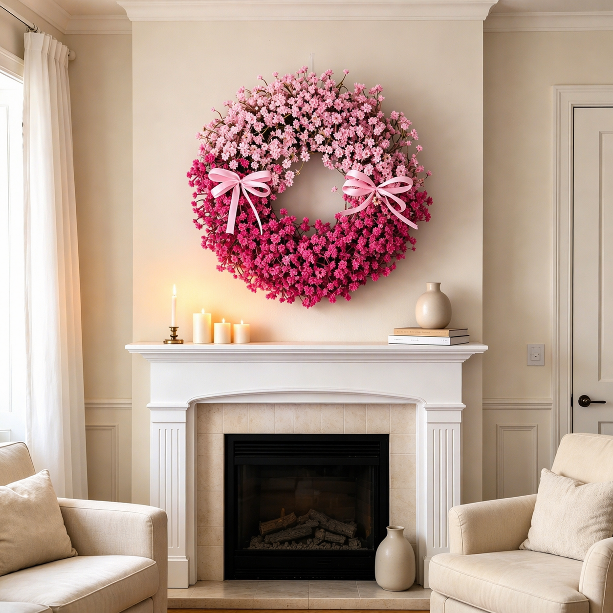 Pink Baby’s Breath Wreath with Ribbon Bows