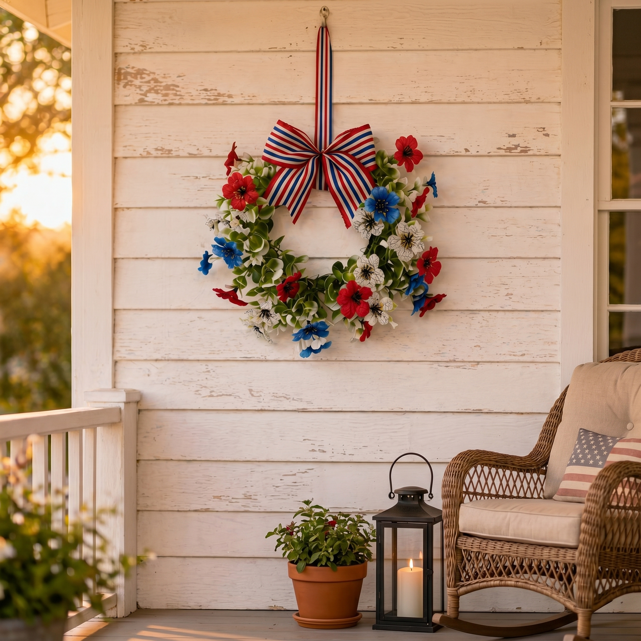 Patriotic Floral Wreath with Striped Bow
