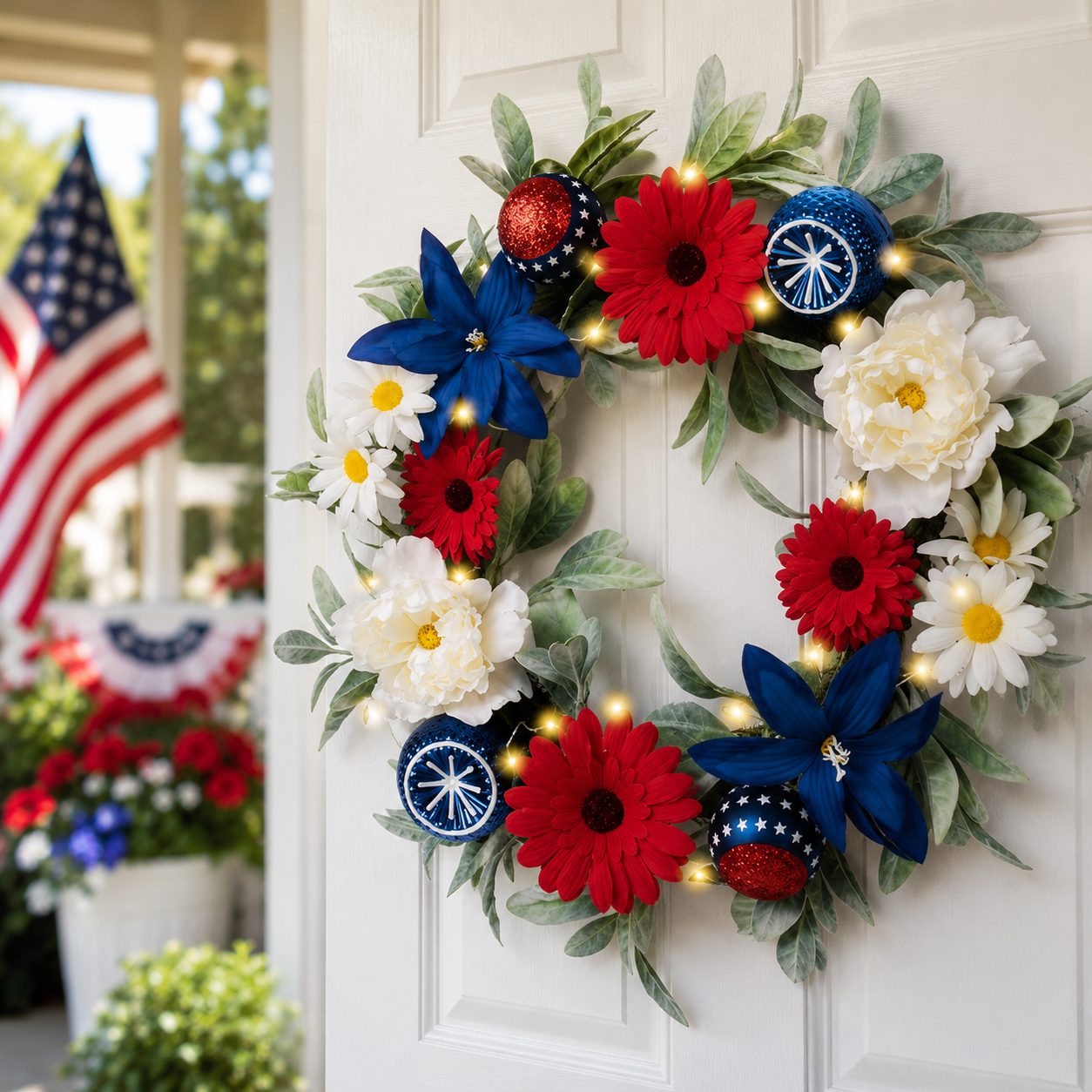 Lighted Patriotic Floral Wreath with Red, White & Blue Flowers