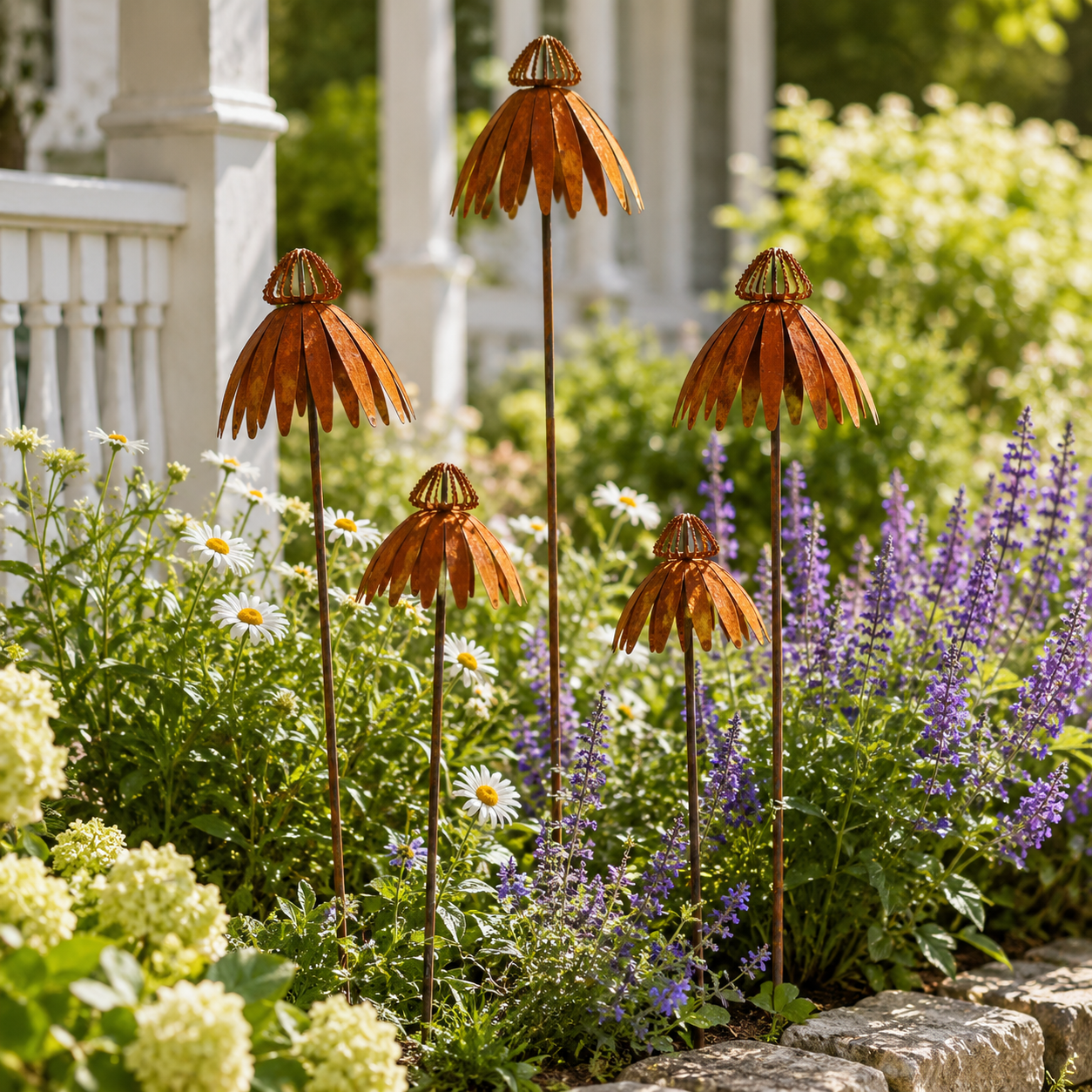 Rustic Metal Coneflower Garden Stakes, Weathered Metal Flower Yard Decor