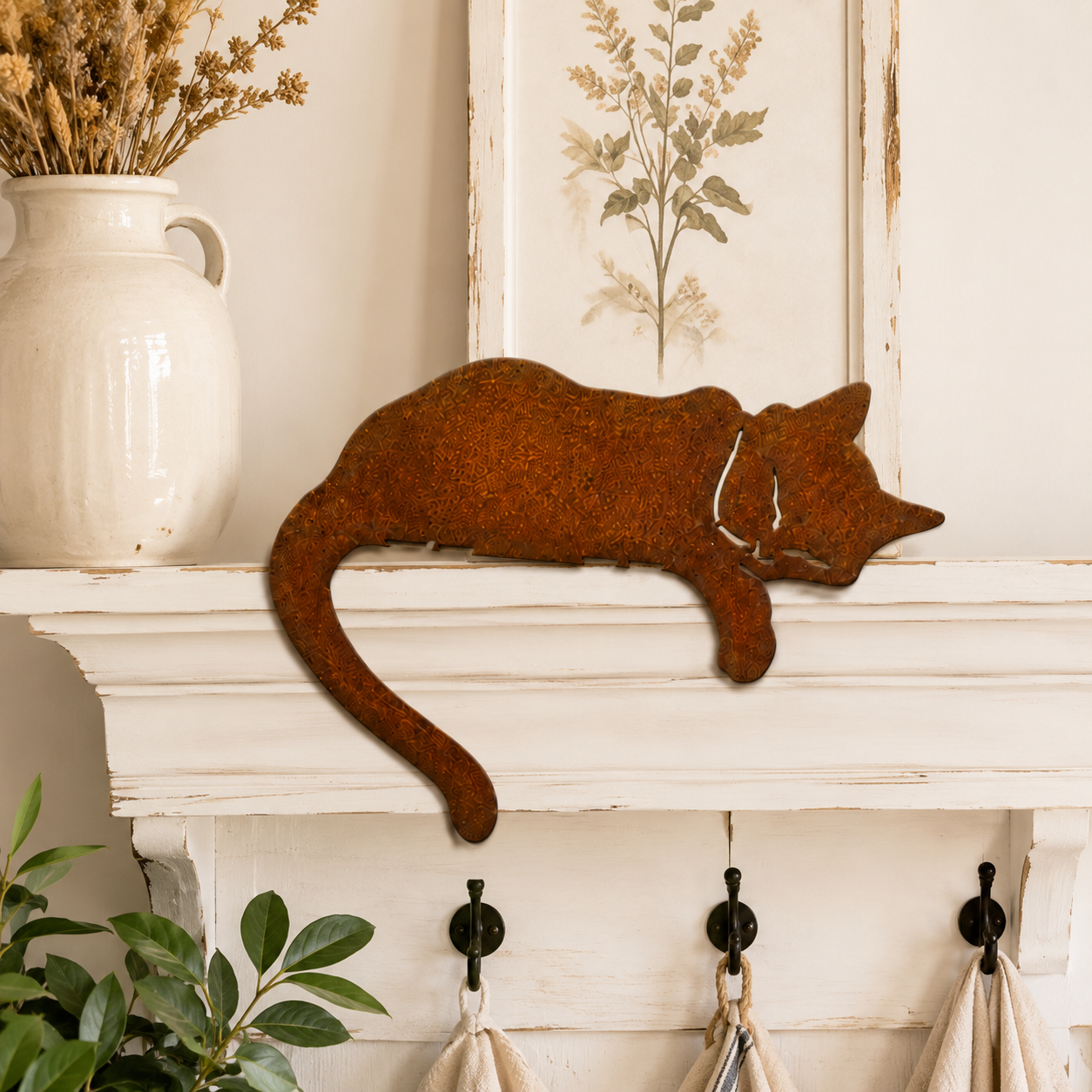Rusty Sleeping Cat Metal Decor for Fence, Garden, Porch & Yard