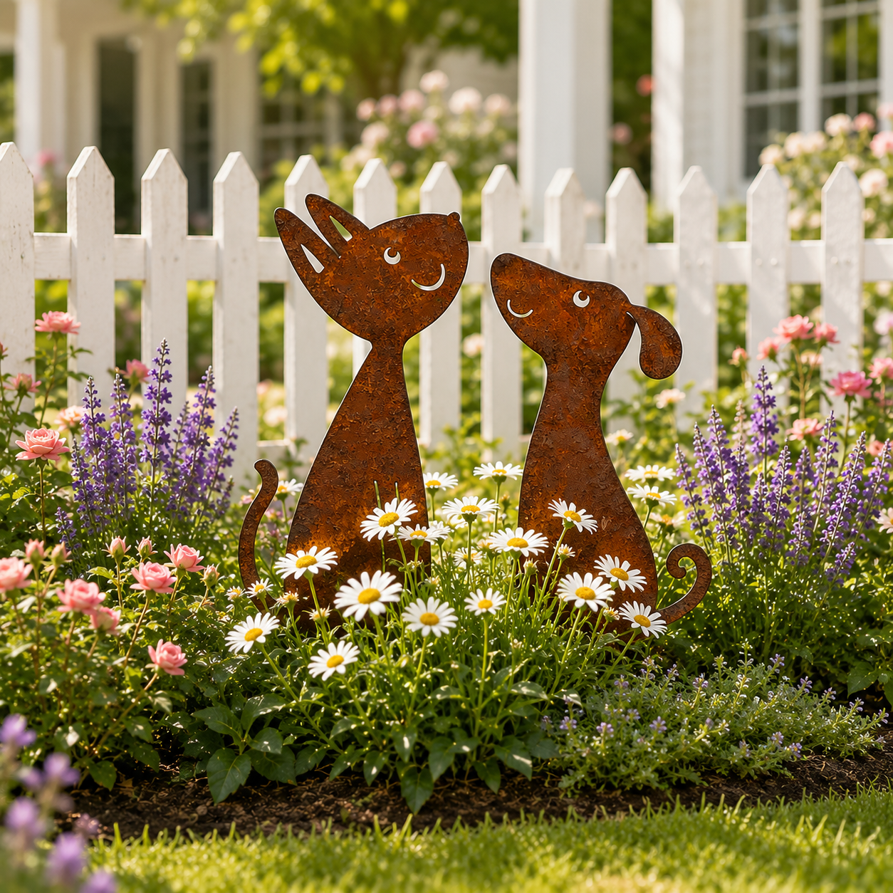 Rusty Cat and Dog Metal Garden Stakes