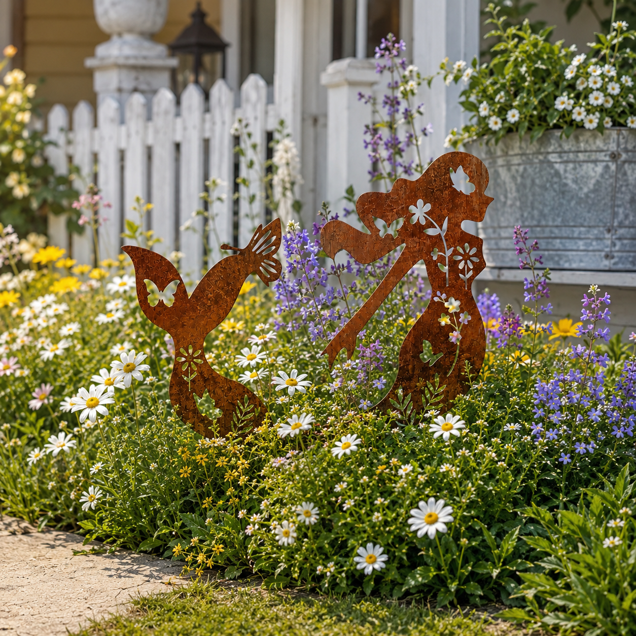 Rustic Mermaid Metal Garden Stake Set