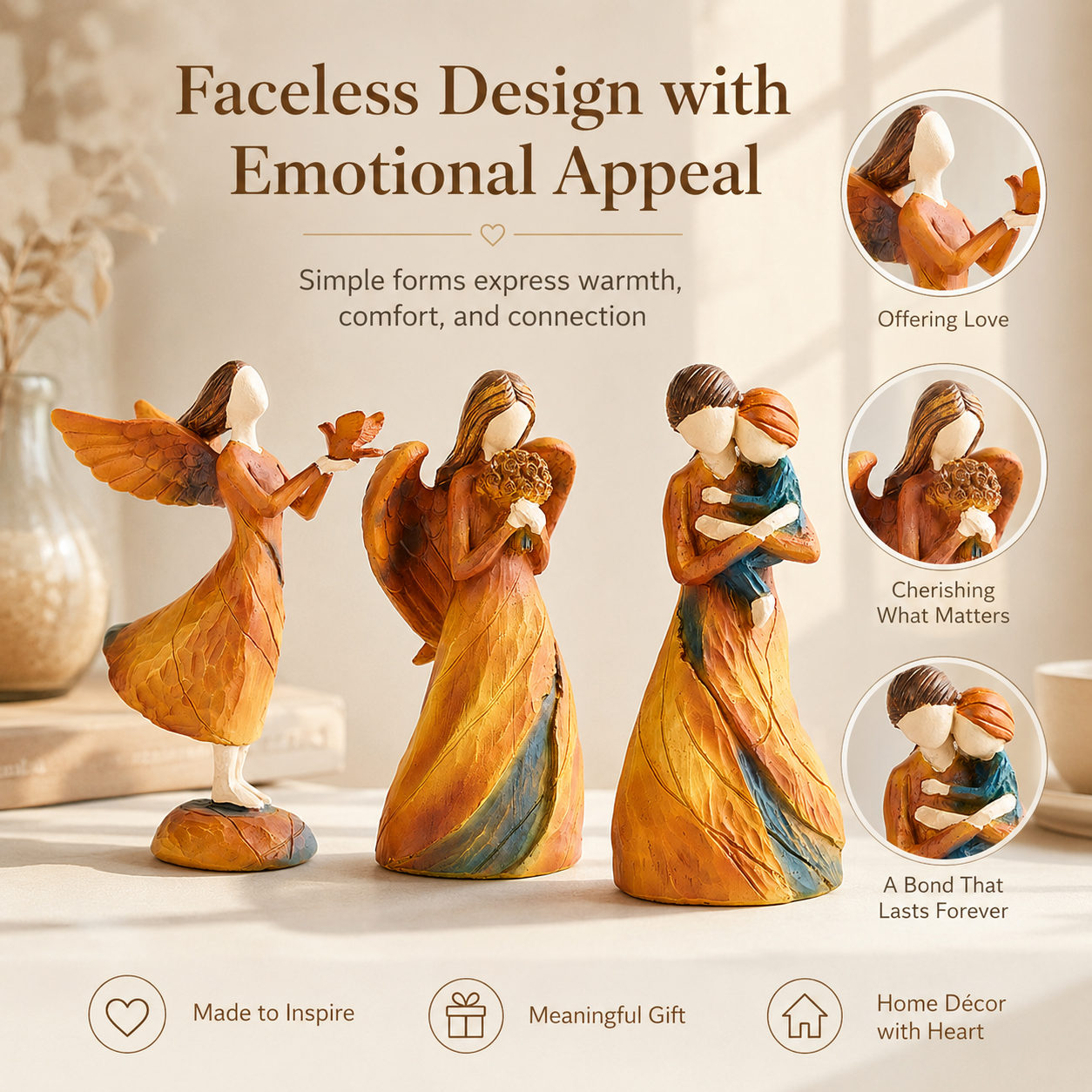 Faceless Resin Tabletop Figurine, Hand-Painted Style Angel or Family Statue