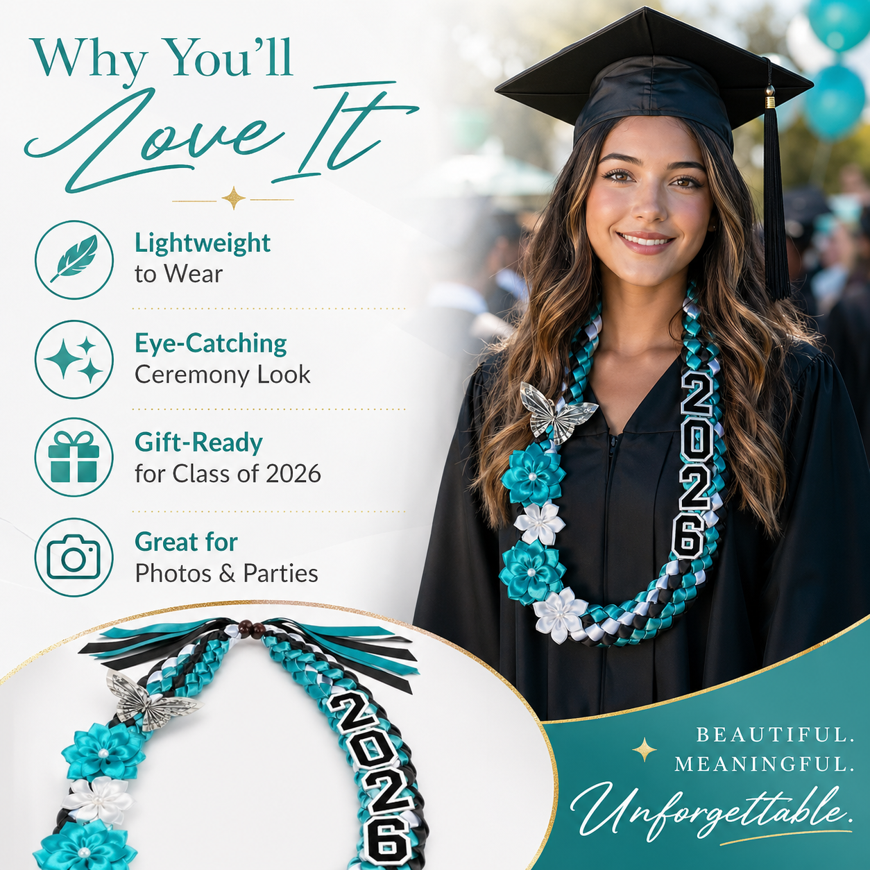 Class of 2026 Graduation Ribbon Lei with Handmade Flowers