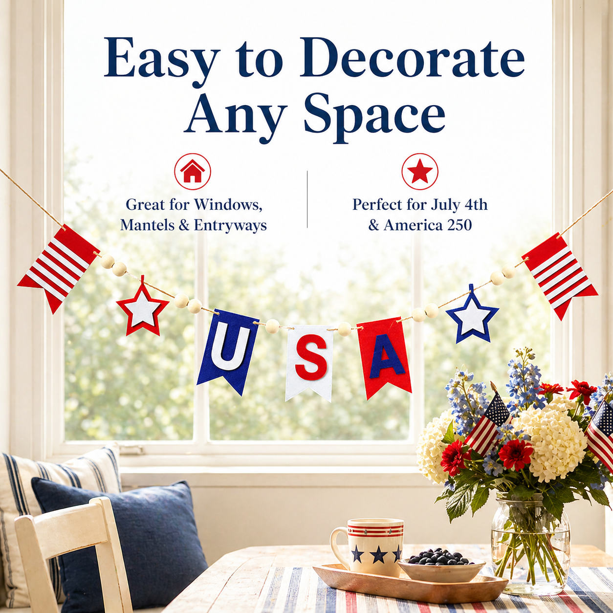 250 Patriotic USA Star & Wood Bead Hanging Banner