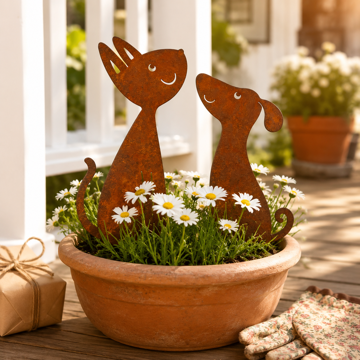 Rusty Cat and Dog Metal Garden Stakes