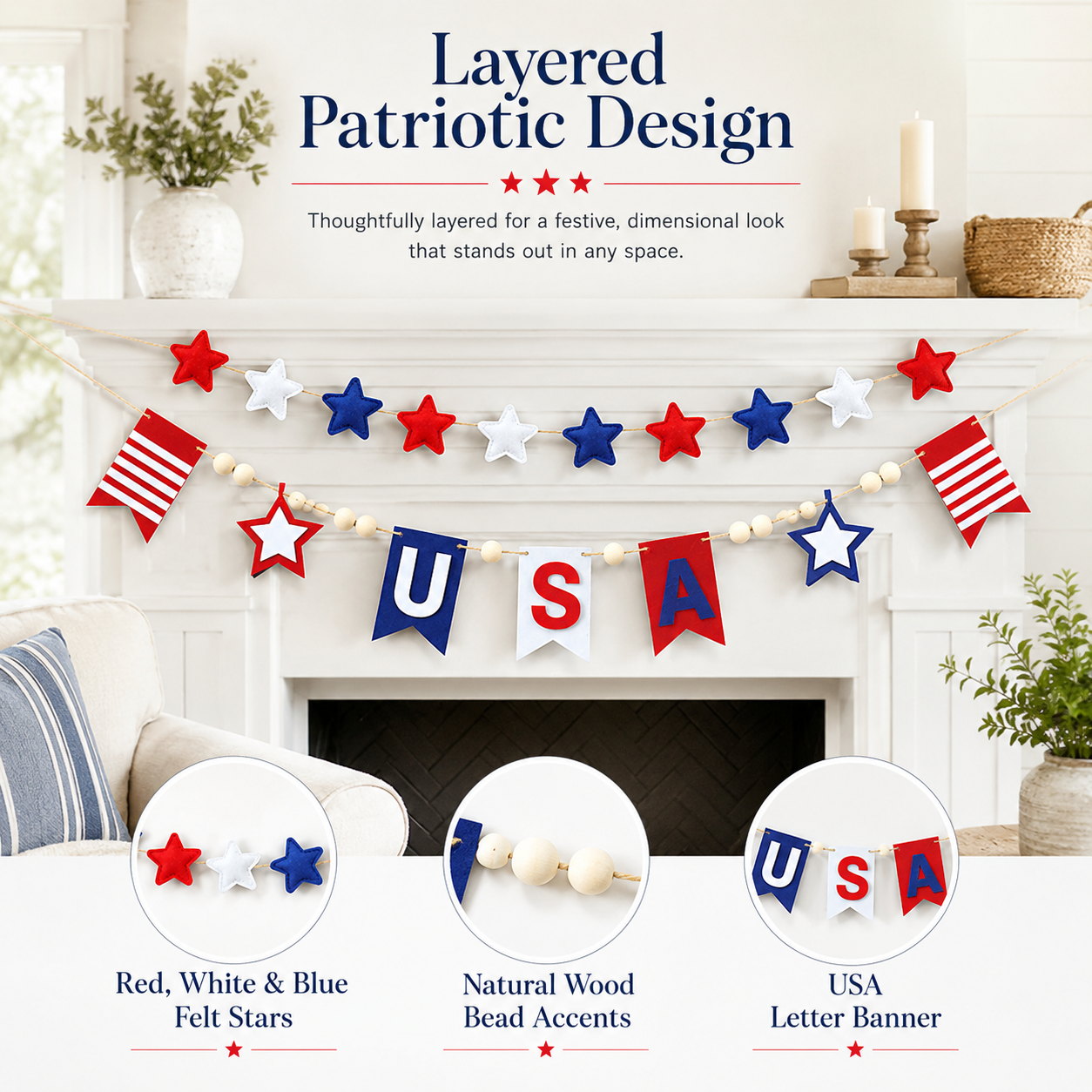 250 Patriotic USA Star & Wood Bead Hanging Banner