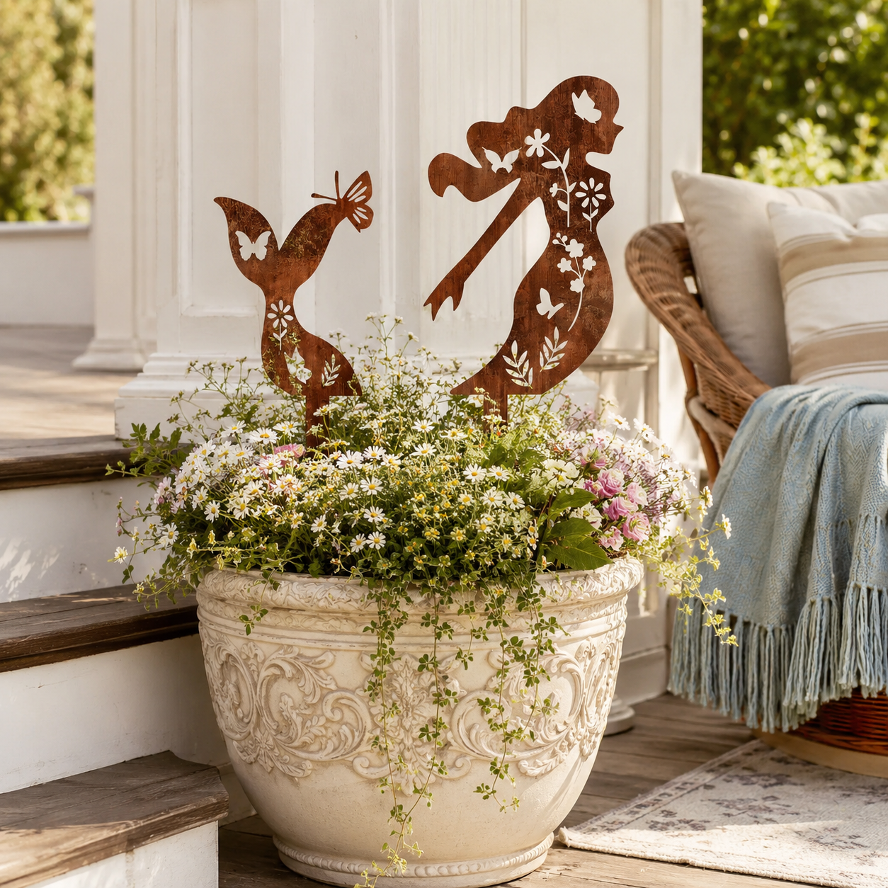 Rustic Mermaid Metal Garden Stake Set