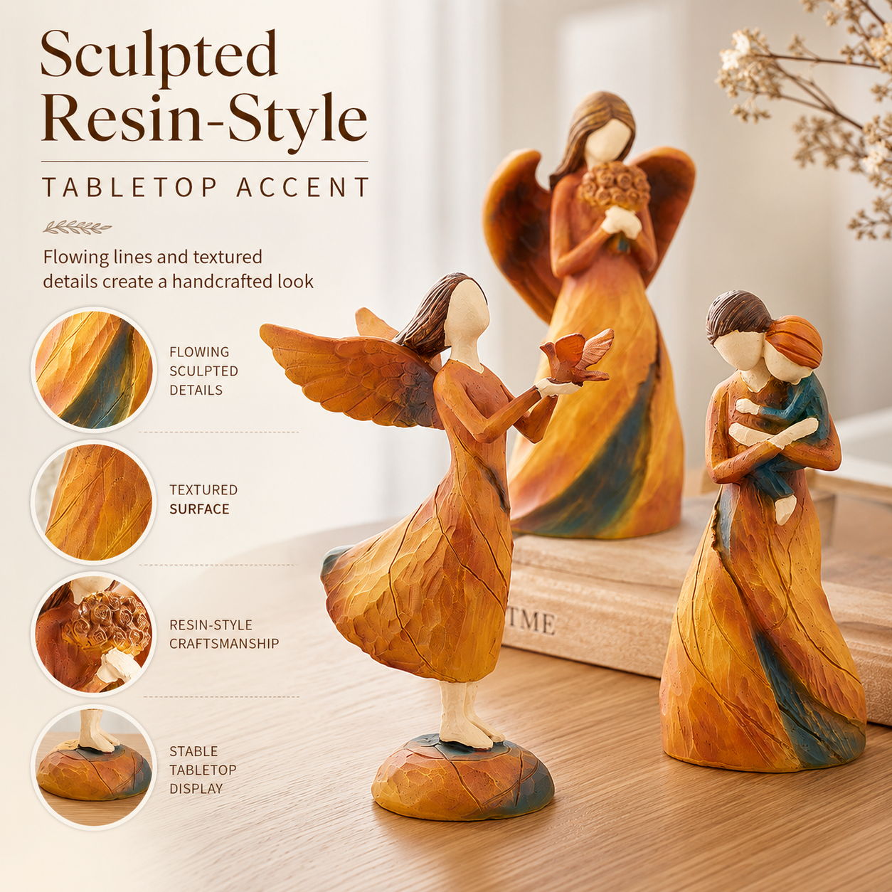 Faceless Resin Tabletop Figurine, Hand-Painted Style Angel or Family Statue