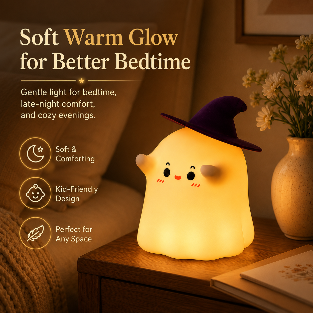 Cute Ghost Silicone Night Light with Witch Hat
