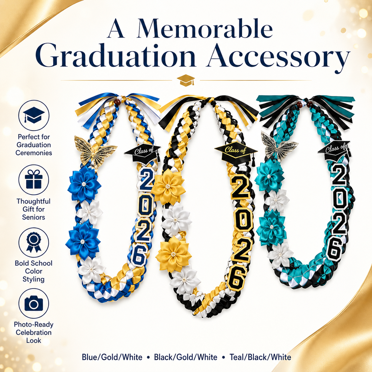 Class of 2026 Graduation Ribbon Lei with Handmade Flowers