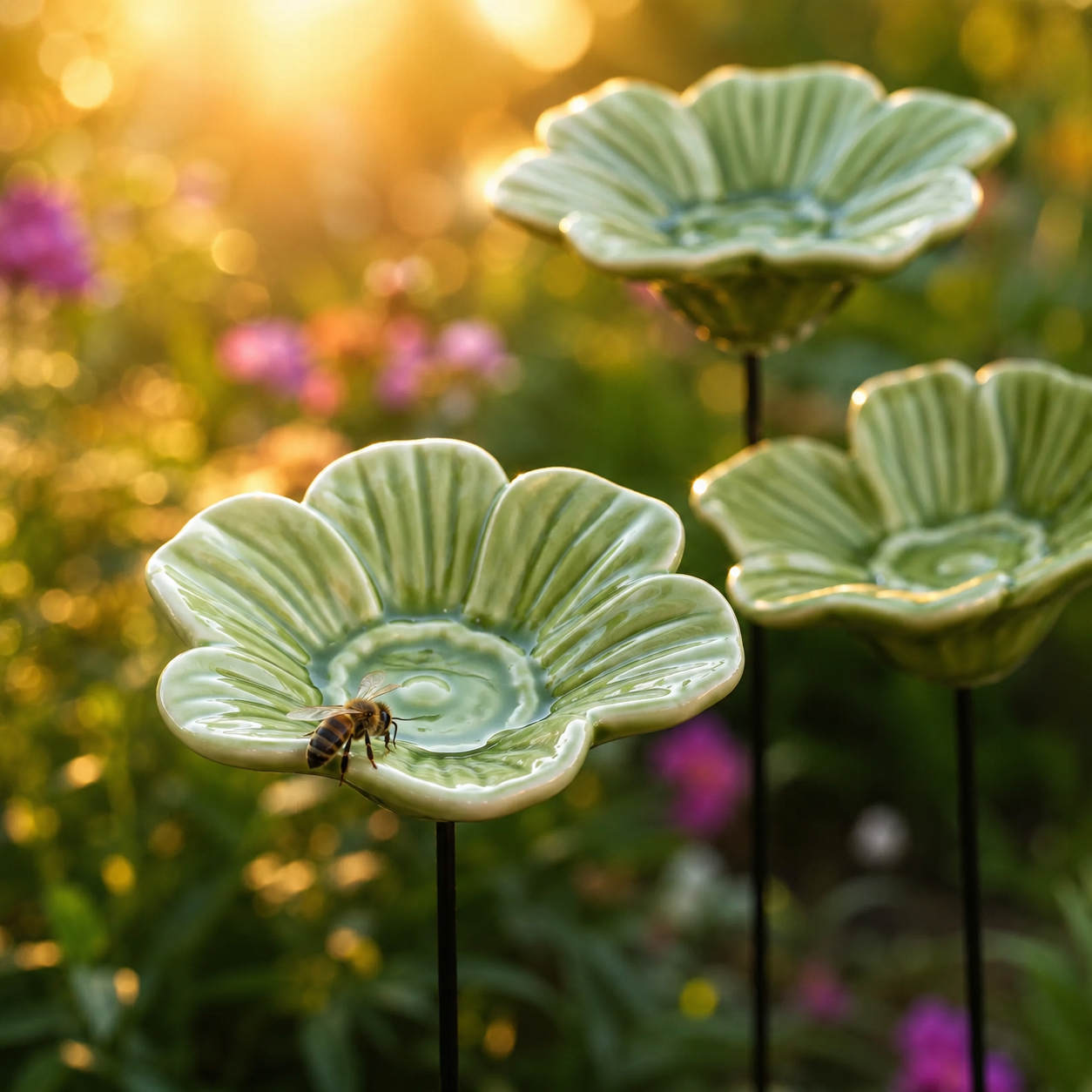 3-Piece Handmade Ceramic Flower Bee Waterer