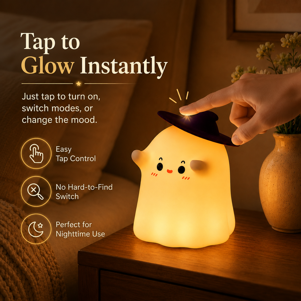 Cute Ghost Silicone Night Light with Witch Hat