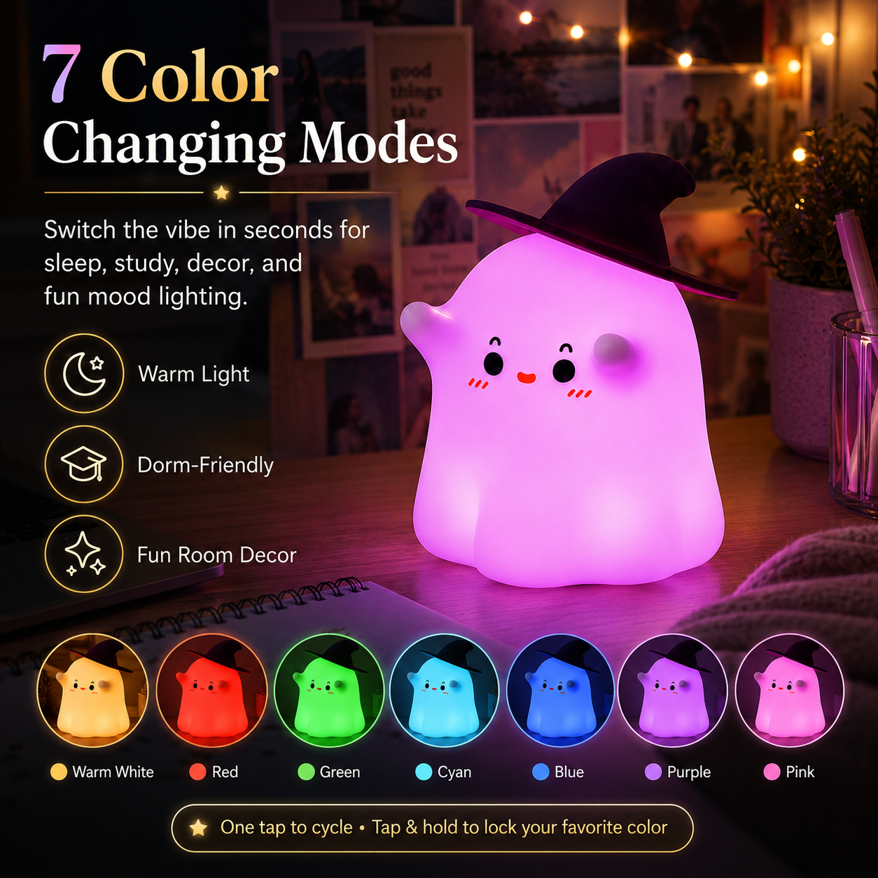 Cute Ghost Silicone Night Light with Witch Hat