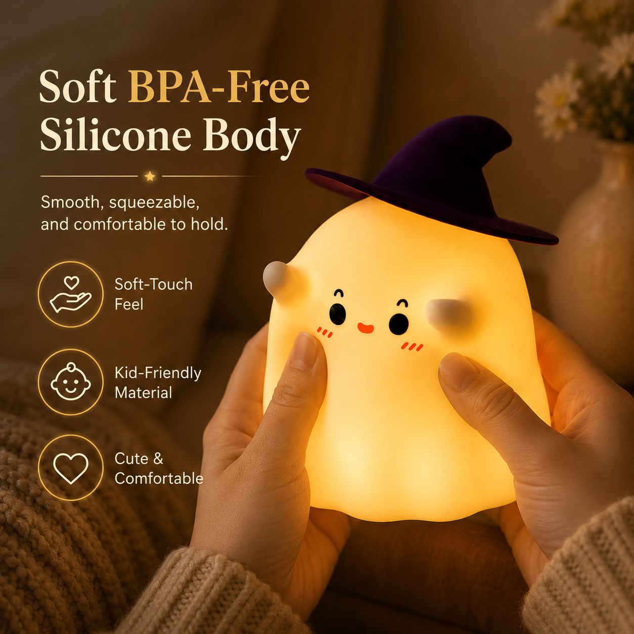 Cute Ghost Silicone Night Light with Witch Hat