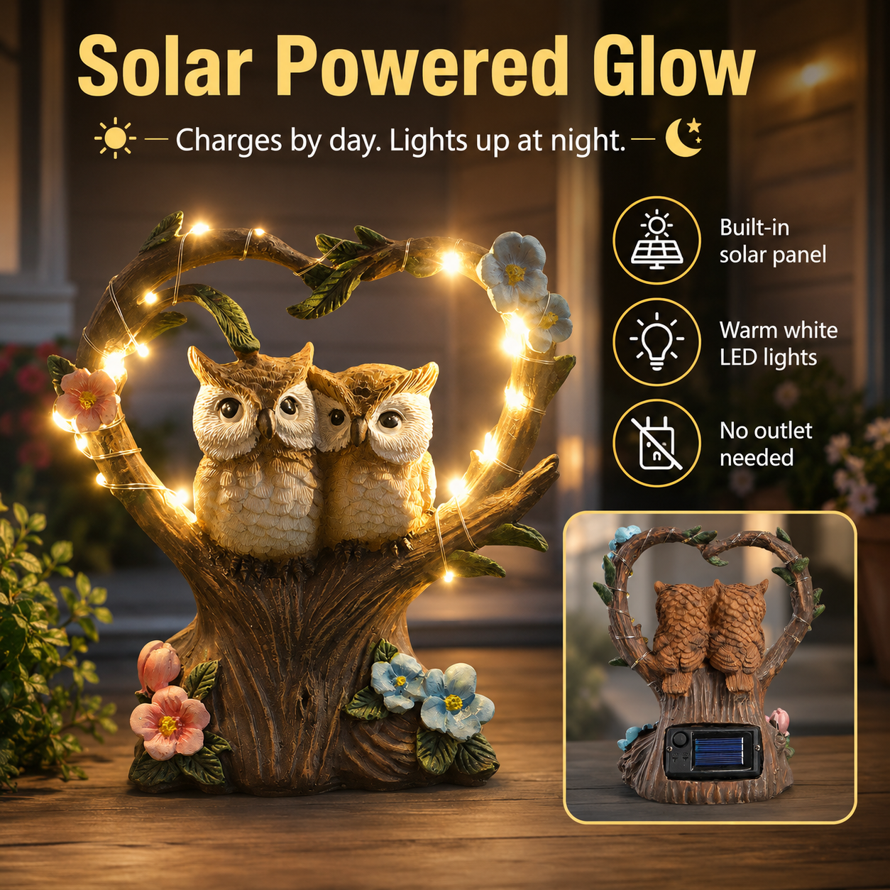 Solar Owl Couple Garden Statue