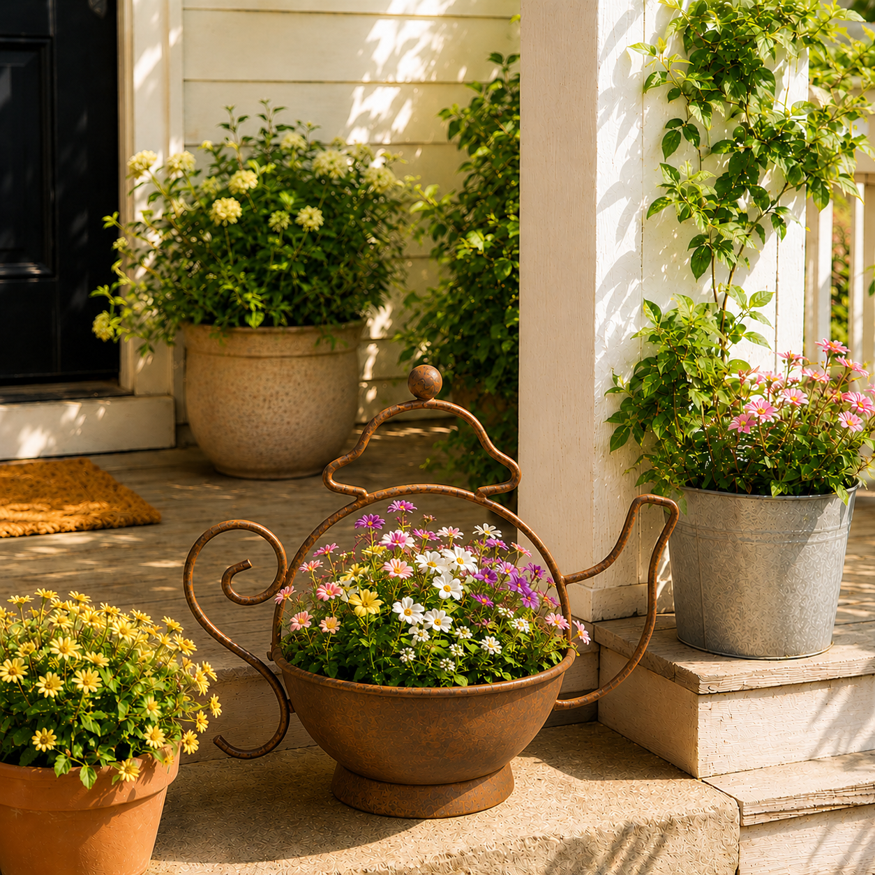Rustic Metal Teapot Planter for Flowers