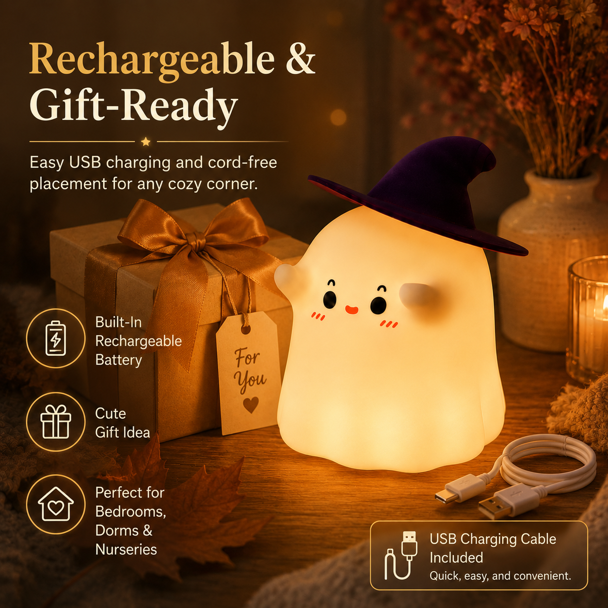Cute Ghost Silicone Night Light with Witch Hat