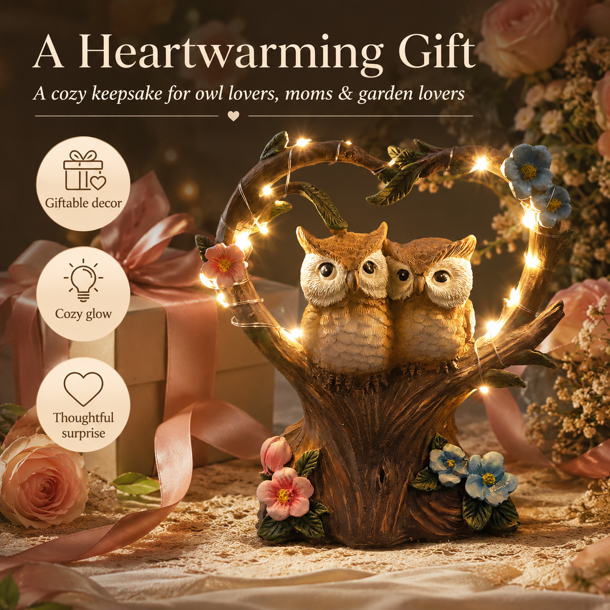 Solar Owl Couple Garden Statue