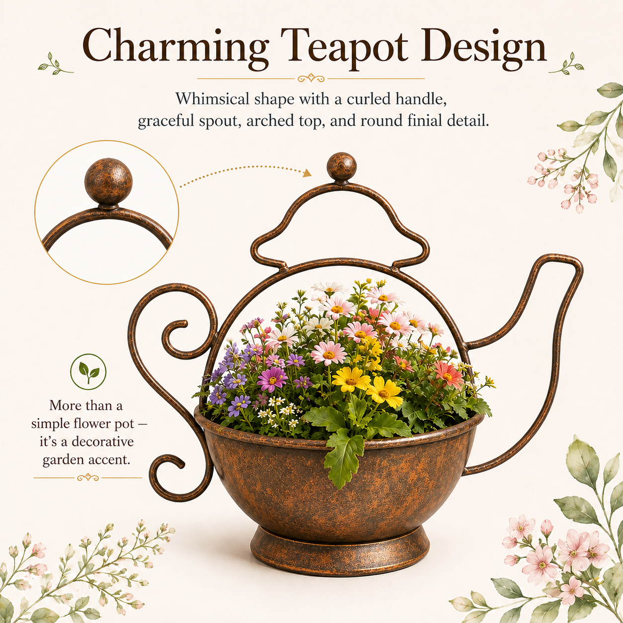 Rustic Metal Teapot Planter for Flowers