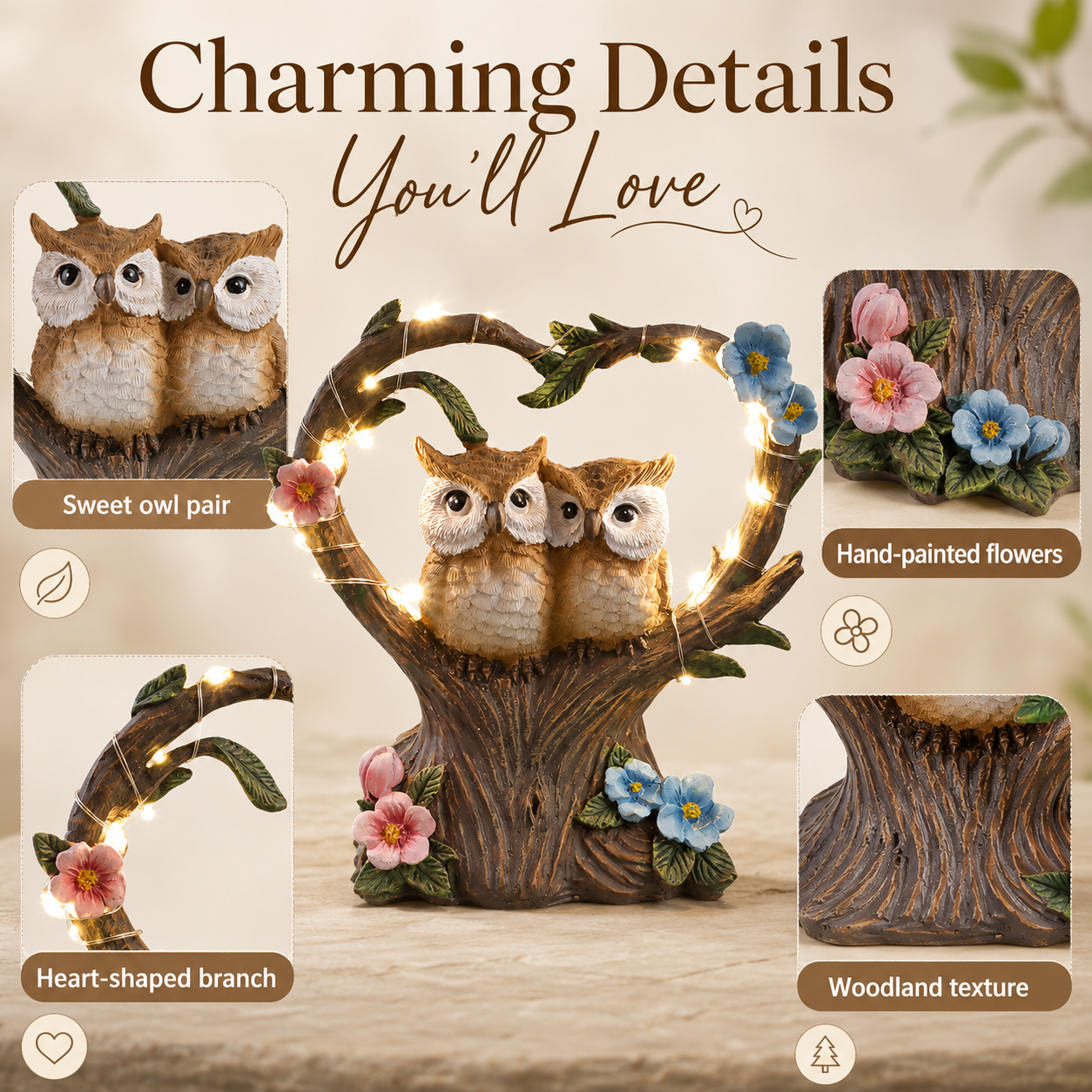 Solar Owl Couple Garden Statue