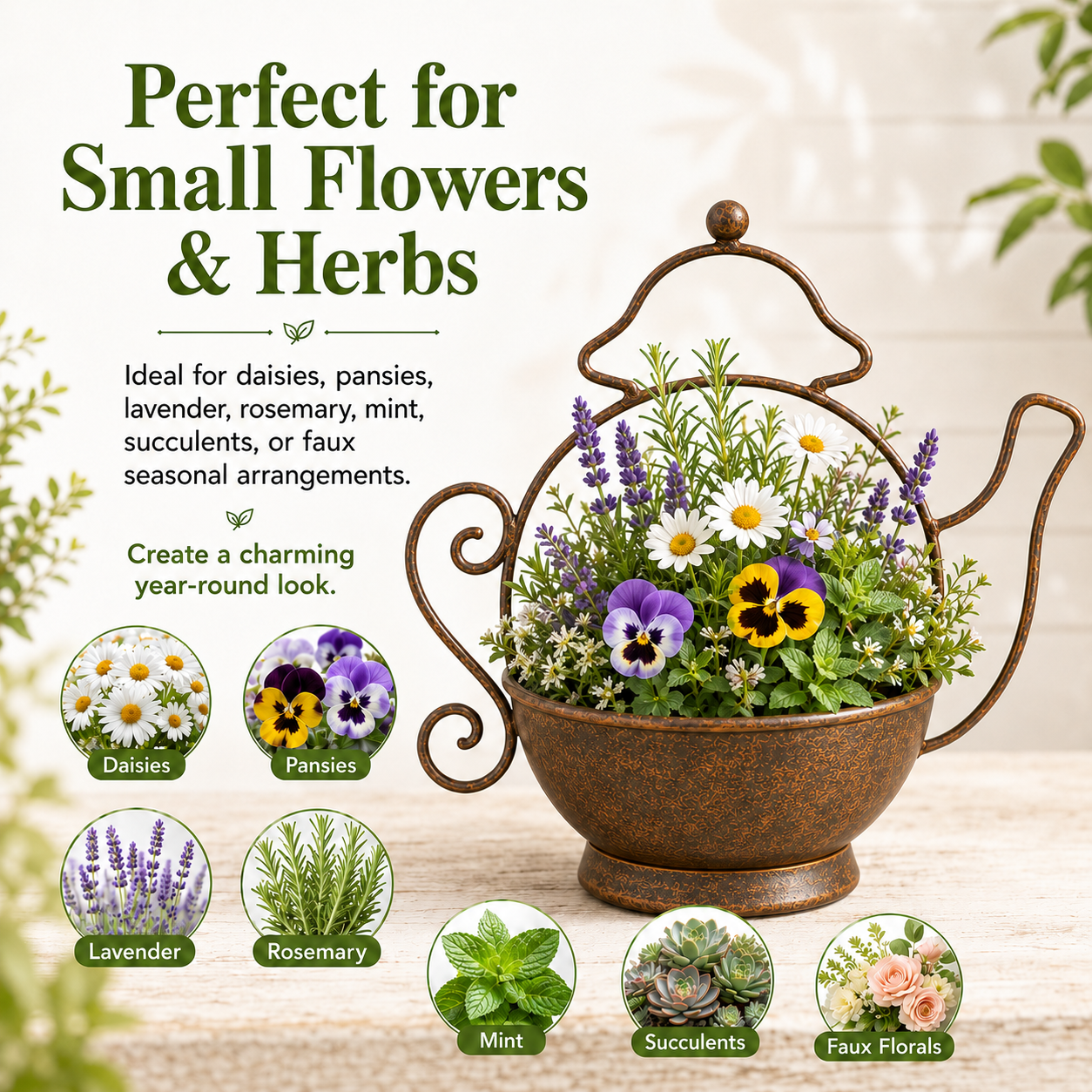 Rustic Metal Teapot Planter for Flowers