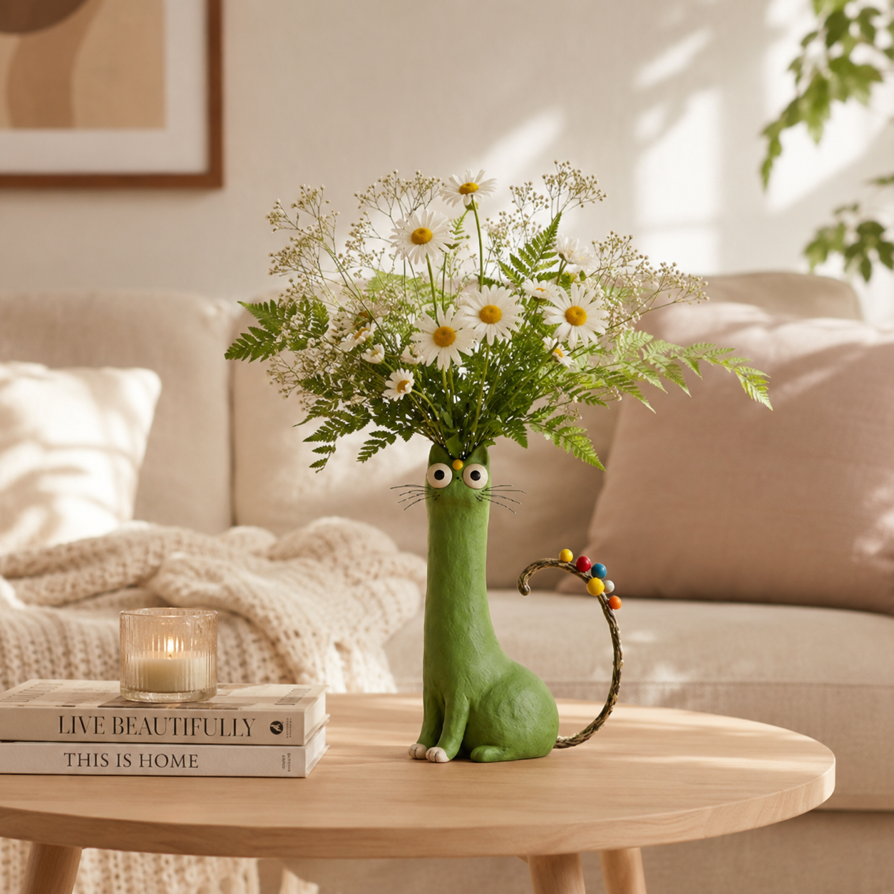 Whimsical Green Cat Vase