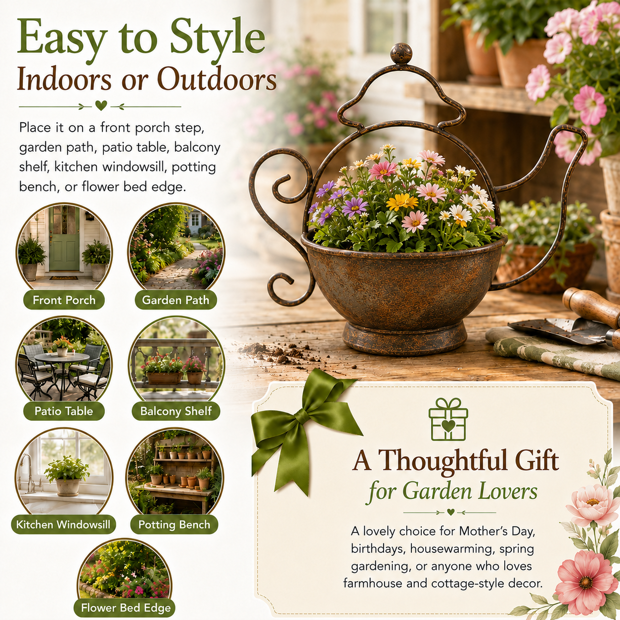 Rustic Metal Teapot Planter for Flowers