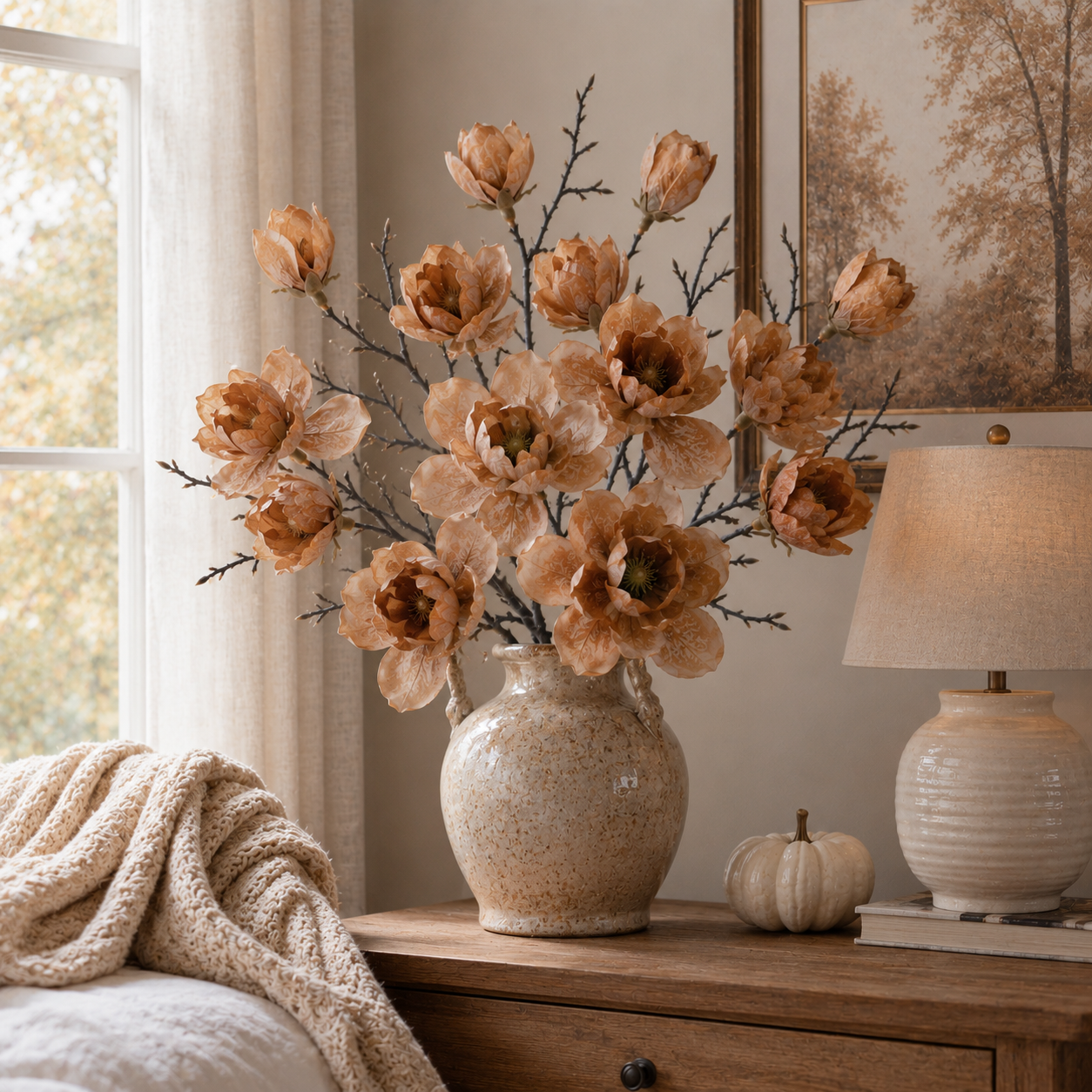 3 Pack Artificial Magnolia Flower Stems, 20 Inch Faux Fall Floral