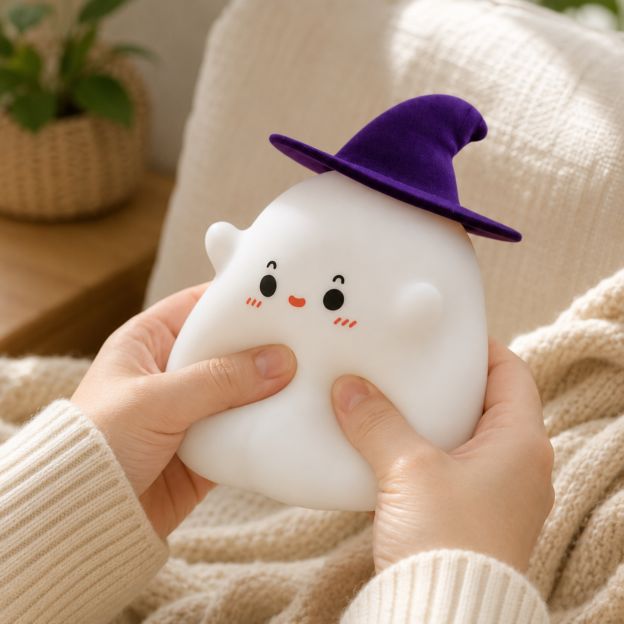 Cute Ghost Silicone Night Light with Witch Hat