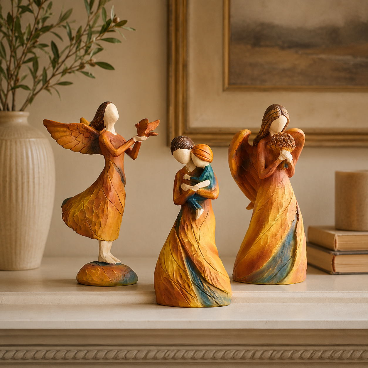 Faceless Resin Tabletop Figurine, Hand-Painted Style Angel or Family Statue