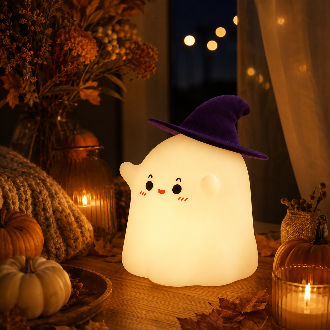 Cute Ghost Silicone Night Light with Witch Hat