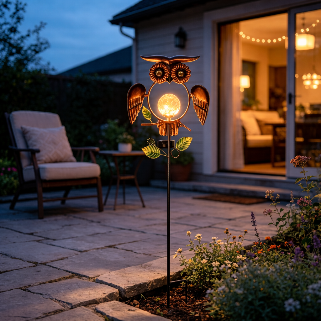 Solar Wrought Iron Owl Garden Statue with Crackle Glass Globe