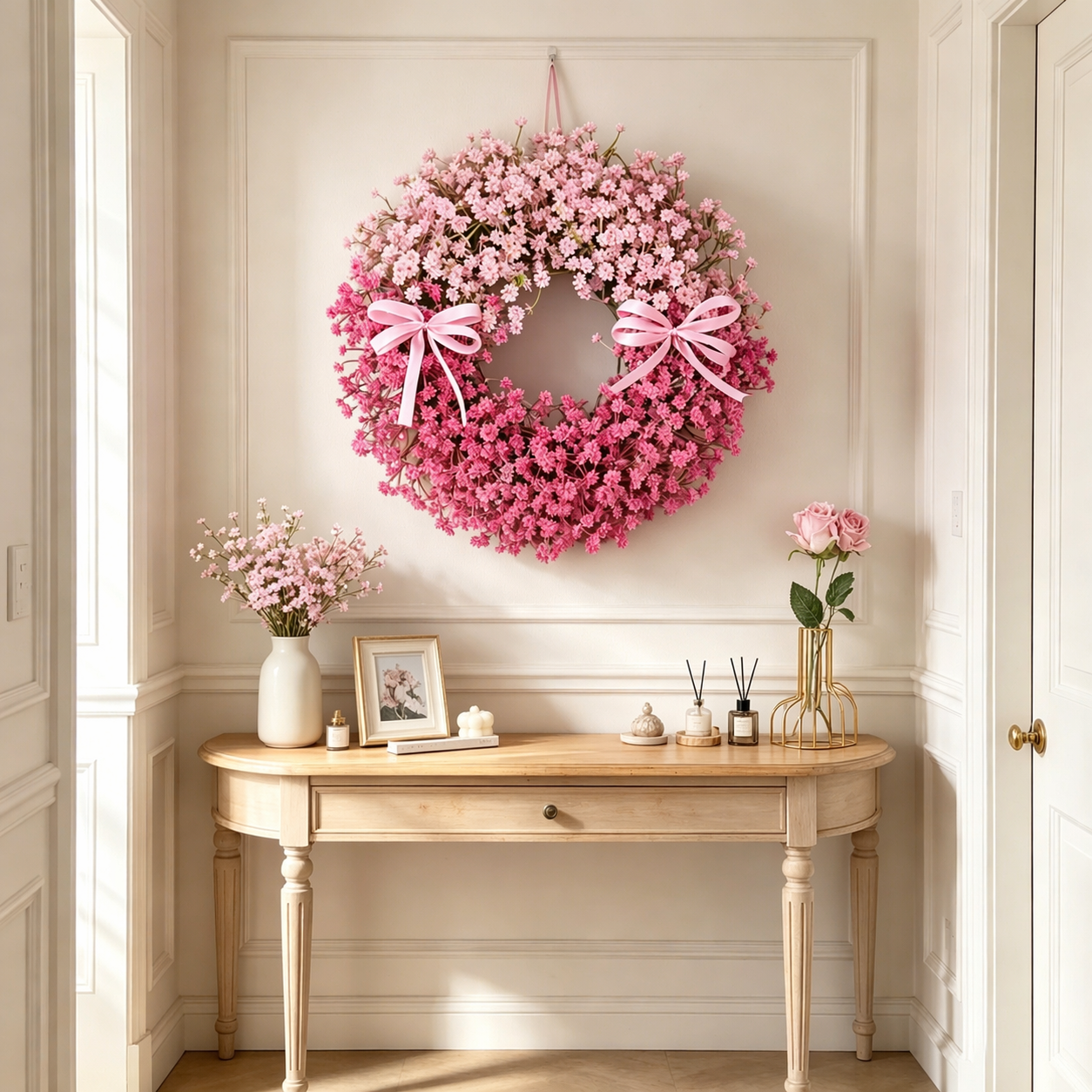 Pink Baby’s Breath Wreath with Ribbon Bows