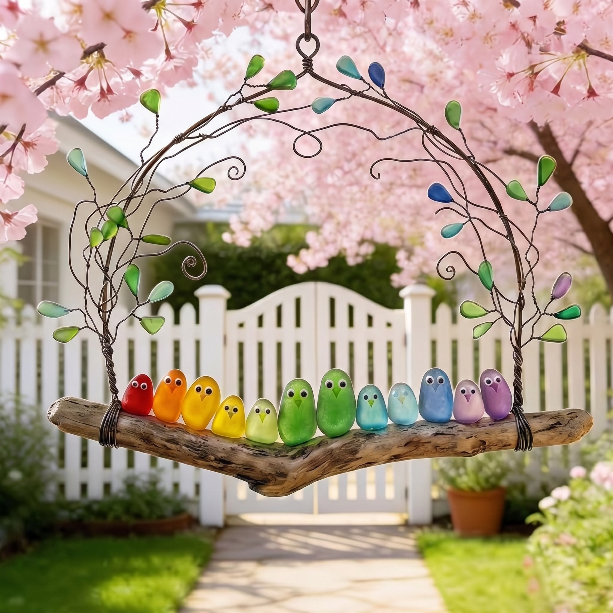 Colorful Sea Glass Birds Hanging Branch Decor – Handmade Garden Art Ornament