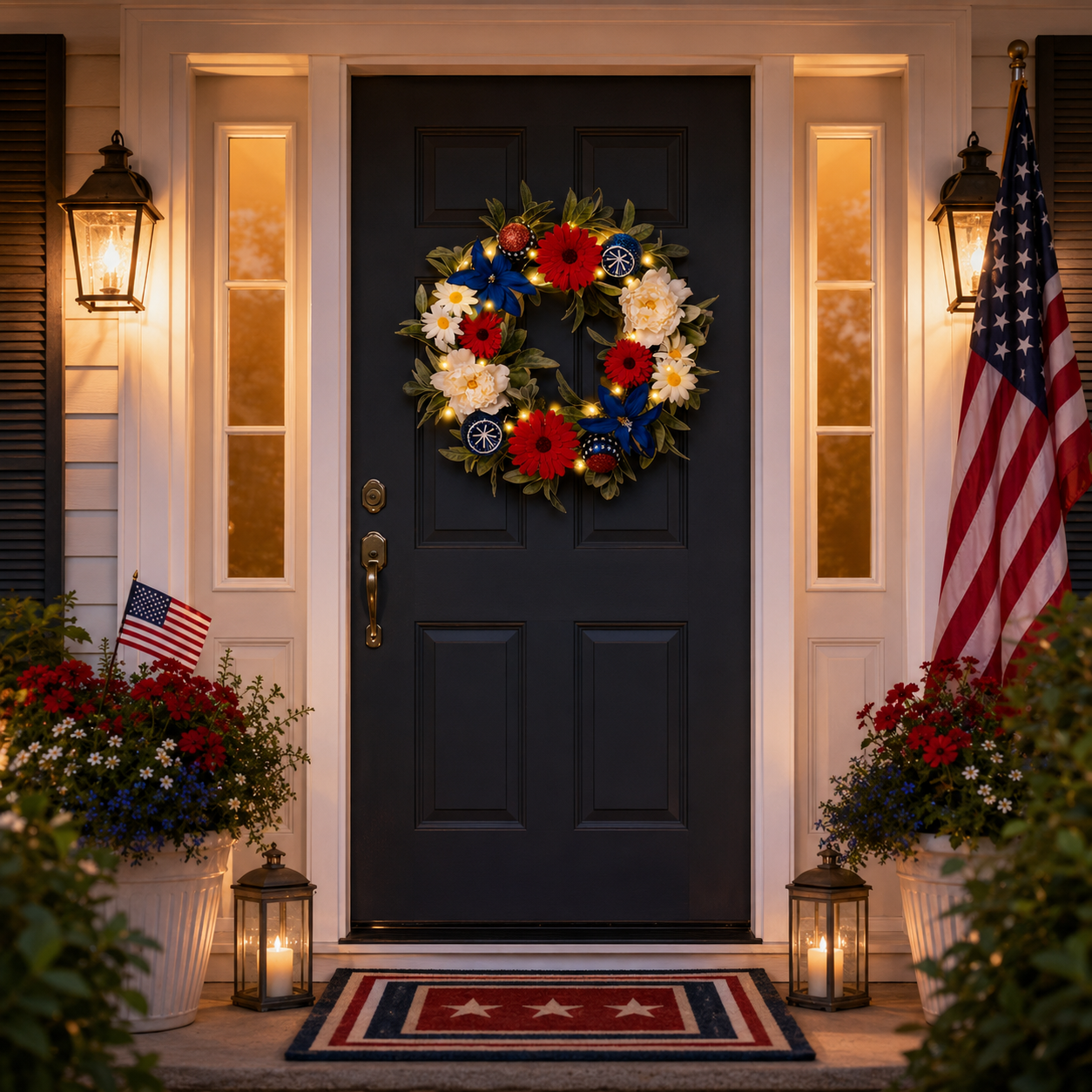 Lighted Patriotic Floral Wreath with Red, White & Blue Flowers